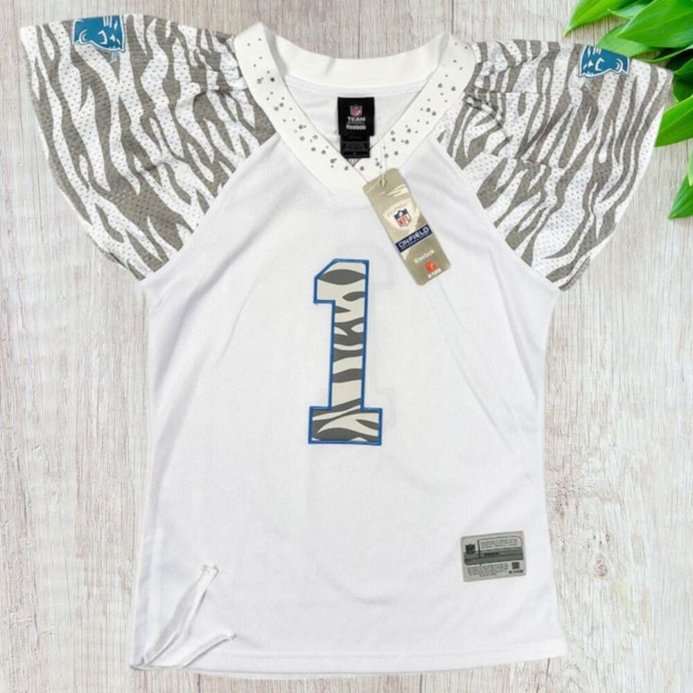 Panthers On Field Cam Newton #1 Jersey Womens Reebok Zebra Print Rhinestones